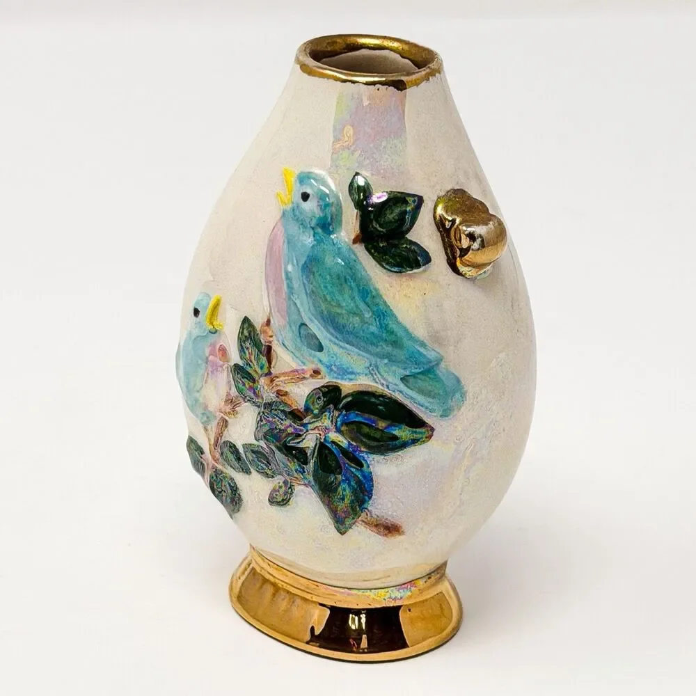 Signed 1972 Studio Pottery 4.5” Lusterware Vase Birds Relief Gold Trim